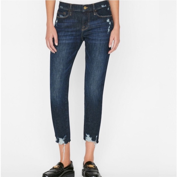Frame Le Garcon Crop Chewed Hem Jeans Women’s 28 Dark Blue Wash Distress Stretch - Picture 2 of 16